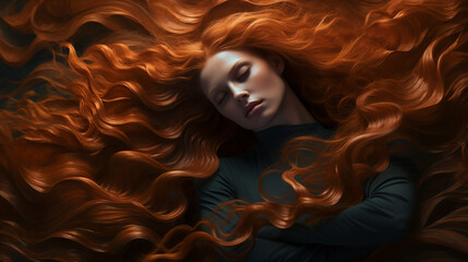 Autumnal Equinox with Copper-Toned Waves. young beautiful woman with healthy red long hair.