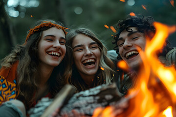 three young people laughing in front of a campfire