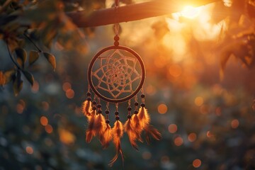 A dream catcher, hanging from a twig, with the evening sun, warm and nostalgic background - obrazy, fototapety, plakaty