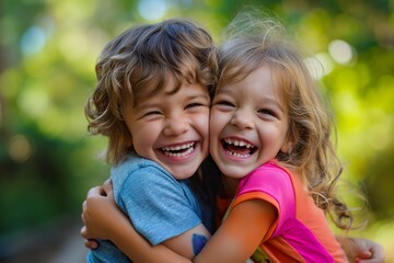 A couple of little brothers hug each other, laughing with happiness.