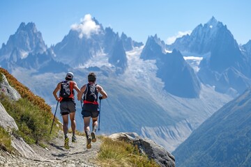 Fototapeta na wymiar Trail runners on the paths of the Alps.