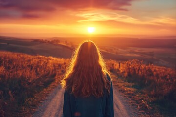 Young woman pursues her own independent path, walks backwards towards the sunset. Copy space. - obrazy, fototapety, plakaty