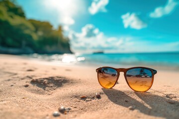 Sunglasses on the sand of the beach, warm summer background of beautiful and hidden coves.