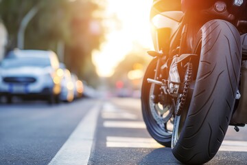 Rear wheel of a large displacement motorcycle, at sunset in the city, copy space for text,...