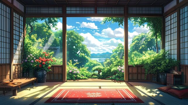 Japanese Garden, Beautiful Anime Room Background, Japan Room Generative AI