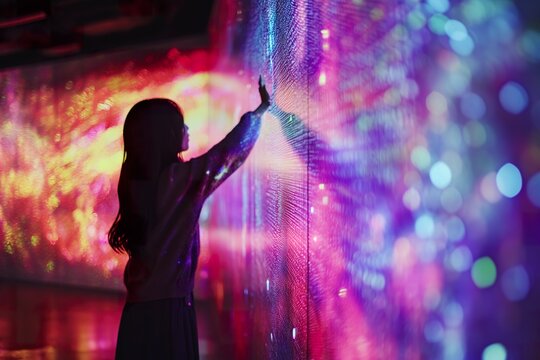 Woman experiences contact with technology, digital wall of LED lights.
