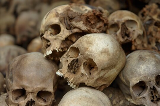 Skulls and human bones found in excavation.