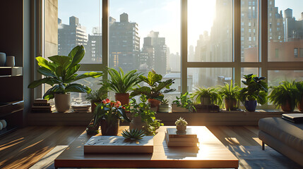 A luz solar entra pelas grandes janelas do chão ao teto de um apartamento urbano moderno criando um brilho caloroso sobre o interior minimalista e elegante - obrazy, fototapety, plakaty