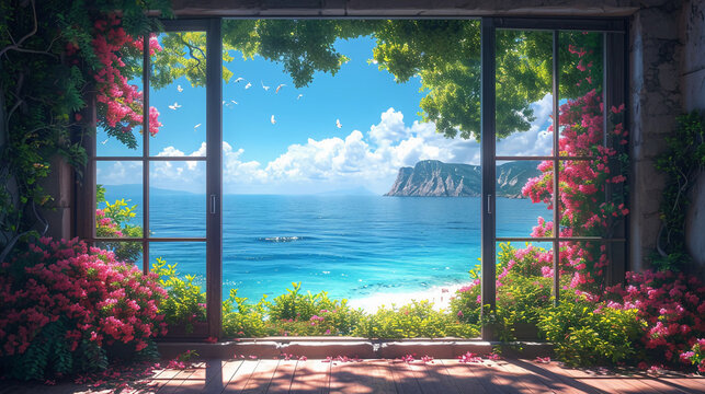 Fototapeta beautiful window we can see sea. AI generative