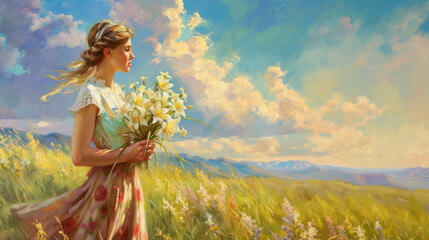 Serenade of Nature, A Captivating Portrait of a Woman Embracing Blooming Bouquets