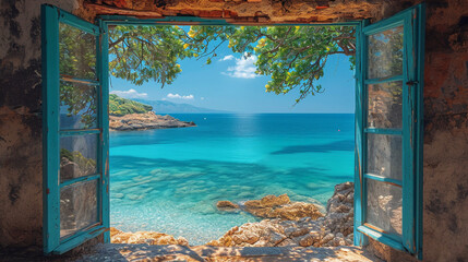 beautiful window we can see sea. AI generative