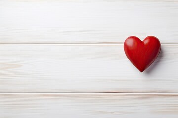 Overhead shot of a small red heart on a white wooden background - romantic concept, copy space - generative ai