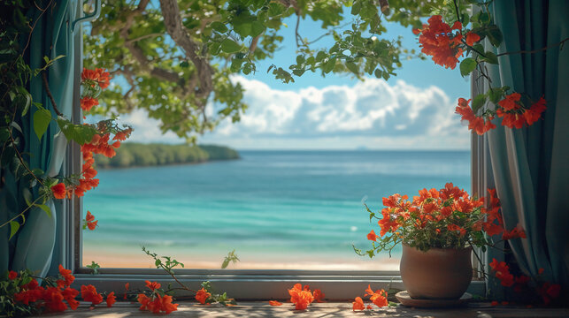 Fototapeta beautiful window we can see sea. AI generative