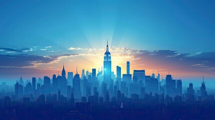 sunrise over the city, blue sky and city, City Sky Scrapers with blue and bright skies Vector silhouette  generative AI