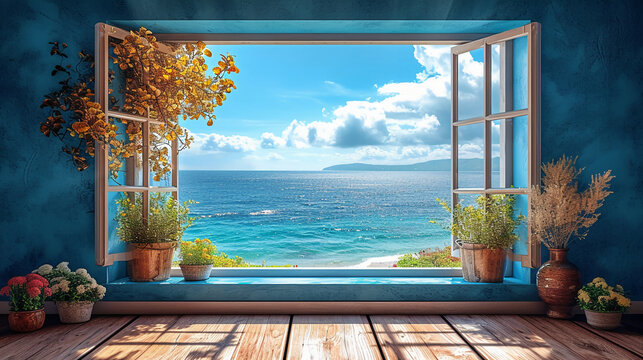 Fototapeta beautiful window we can see sea. AI generative