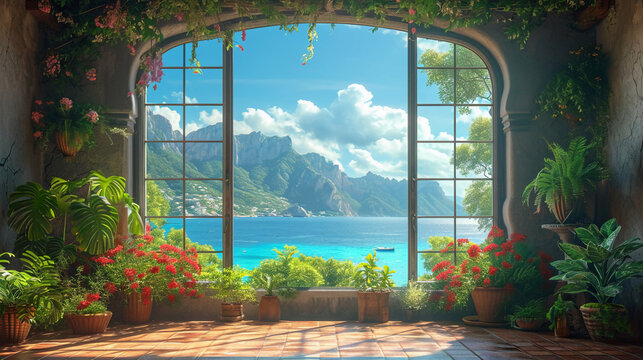 Fototapeta beautiful window we can see sea. AI generative