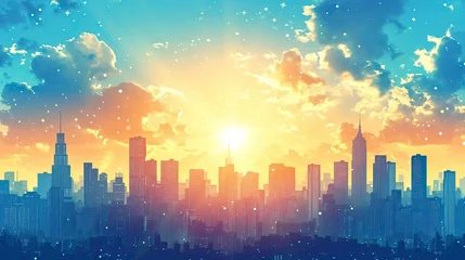 Tuinposter background with city, blue sky city morning, City Sky Scrapers with blue and bright skies Vector silhouette  generative AI © OOTIDI
