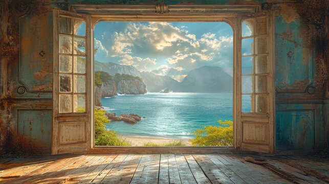 Fototapeta beautiful window we can see sea. AI generative
