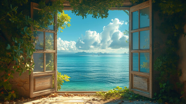 Fototapeta beautiful window we can see sea. AI generative
