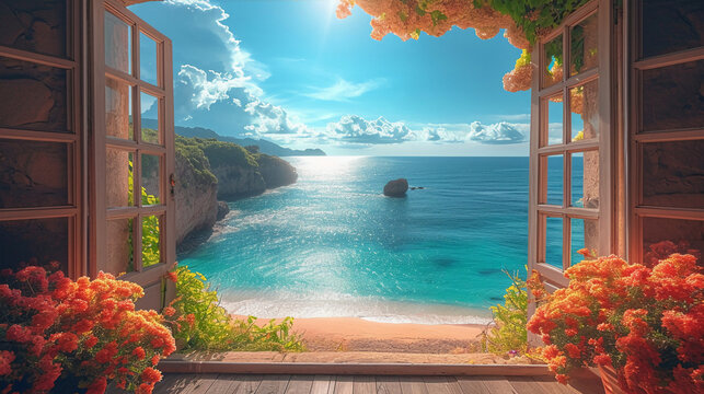 Fototapeta beautiful window we can see sea. AI generative