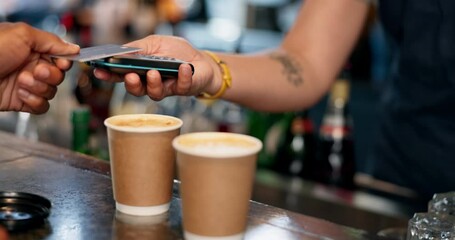 Customer, hands and credit card at coffee shop POS, fintech payment and cafe, restaurant or small business services. Barista or cashier at point of sale counter, machine and scan for drink order - Powered by Adobe