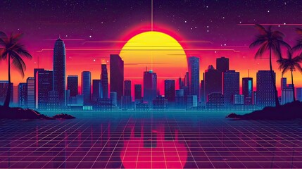 city skyline at night Retro 80s city Background Vector silhouette generative AI