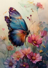 butterfly flower sky background dressed silk day strong light stained paper pastel oil inks destroyed nature color