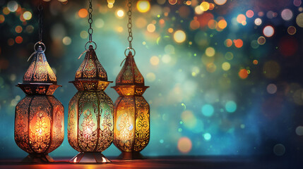 A Ramadan Greeting Card with Traditional Lanterns