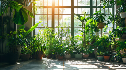 Raios de sol entram pelas grandes janelas lançando um brilho quente em uma coleção de exuberantes plantas verdes em um ambiente interno