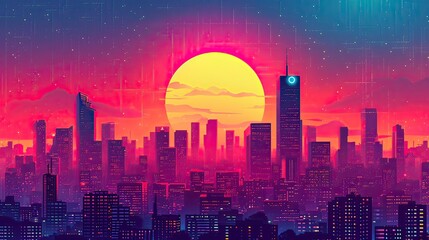 city skyline at sunset illustration, Retro 90s city Background Vector silhouette generative AI - obrazy, fototapety, plakaty