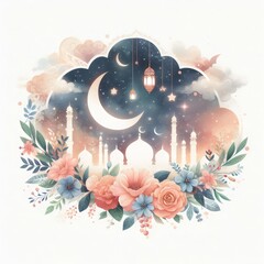 Illustration of Ramadan Kareem background use for Greeting Cards with Mosque, Clouds and Flowers. Ramadan kareem, eid mubarak, muslim and eid fitr concept.