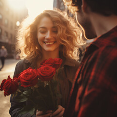 Portrait of a happy young woman receiving a bouquet of roses from her couple