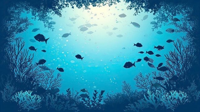 coral reef in the sea Silhouette of underwater background vector with sea fish and corals Vector silhouettesimple minimal backgrounds, festive whimsical Valentine's Day designs generative AI