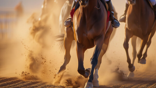 Close-up view of horses galloping in the arena on the sand