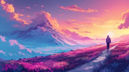 an hd illustrated background for a b2b website hero of a landcape and road, a person on a journey, colors light blue and fuchsia generative AI - obrazy, fototapety, plakaty