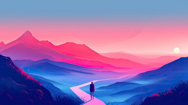 an hd illustrated background for a b2b website hero of a landcape and road, a person on a journey, colors light blue and fuchsia generative AI