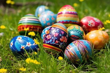 Fototapeta na wymiar Assorted Handcrafted Easter Eggs on Spring Meadow. Generative AI.