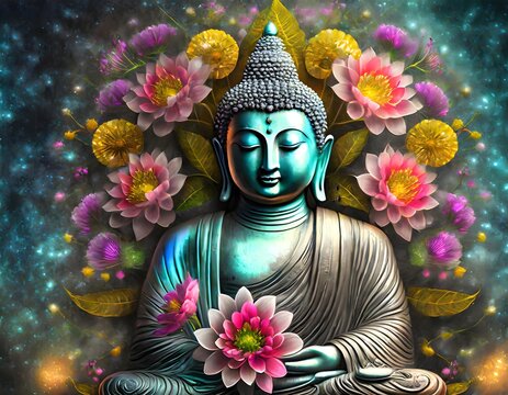 Illustration of abstract lifelike buddha head flowers leaves feathers flowers