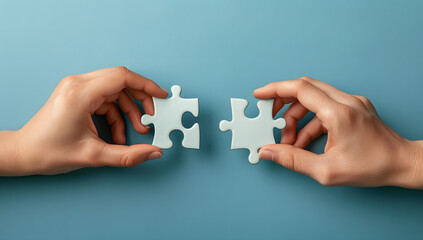 hand holding two jigsaw puzzle pieces in front of a blue background 
 - obrazy, fototapety, plakaty