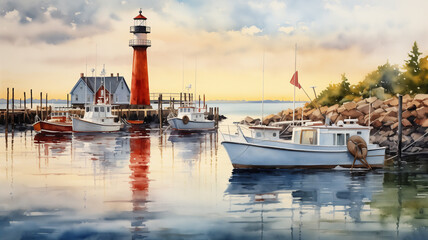 Mesmerizing watercolor painting portraying a peaceful harbor with fishing boats and a lighthouse.