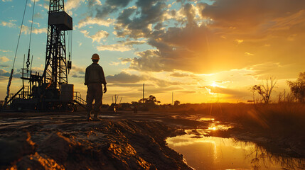 Oil worker at oil extraction, petroleum industry at sunset