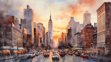 Photo sur Aluminium Peinture d aquarelle gratte-ciel Watercolor painting capturing the iconic skyline of a bustling city at sunset, with the warm glow reflecting off the buildings.