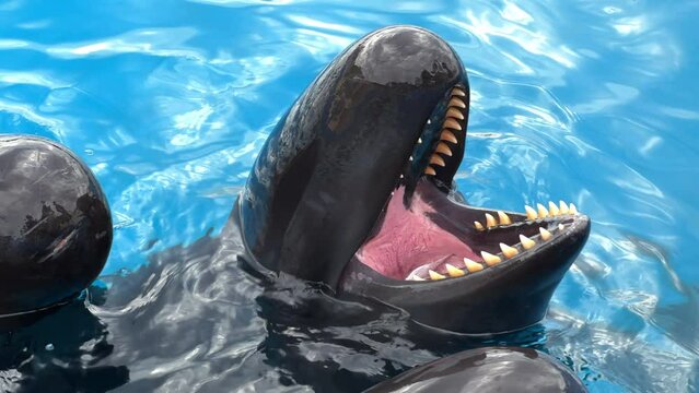 Two pilot whales are visible above water in an aquarium, one with its mouth open