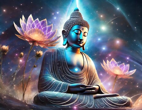 Illustration of abstract lifelike buddha head flowers leaves feathers flowers