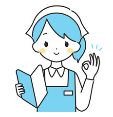 水色｜初心者マークを持つ三角巾の女性店員｜エプロン