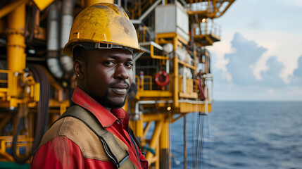African industrial worker in the oil tube station at sea