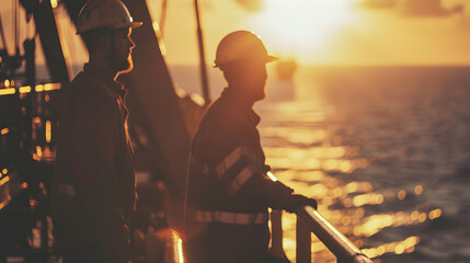 Caucasian industrial workers in the oil tube station at sea during sunset