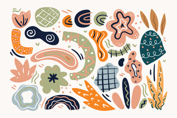 Modern hand drawn plant leaf and tropical shape decoration set. Pastel color doodle bundle for fashion design, summer season or natural concept.