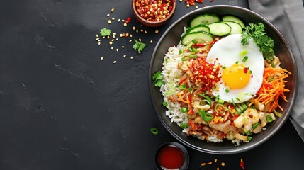 Delicious Nasi Goreng background with ample space for text, showcasing a flavorful and spicy...