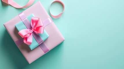Minimalist pastel gift box background with space for text, featuring an elegantly wrapped gift box adorned with ribbon decoration

